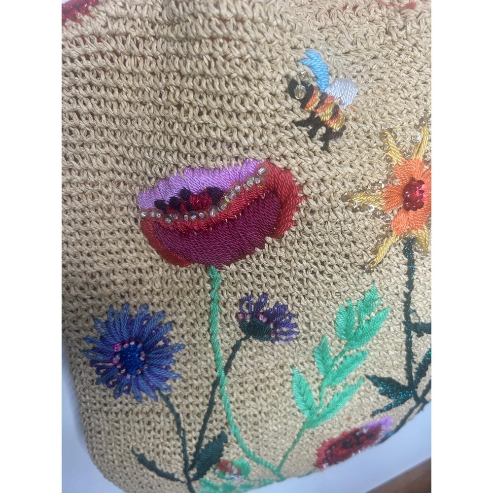 Petro Zillia Vintage Floral Embroidered Straw beaded Tote Bag Womens - Picture 9 of 14
